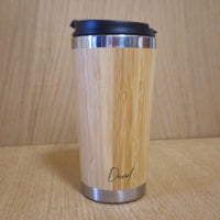 Lasercut Travel Mug personalised - S-Steel with 100% Bamboo exterior  -  Personalise with signature