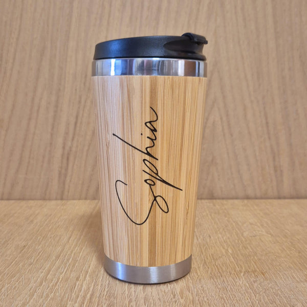 Lasercut Travel Mug personalised - S-Steel with 100% Bamboo exterior  -  Personalise with signature