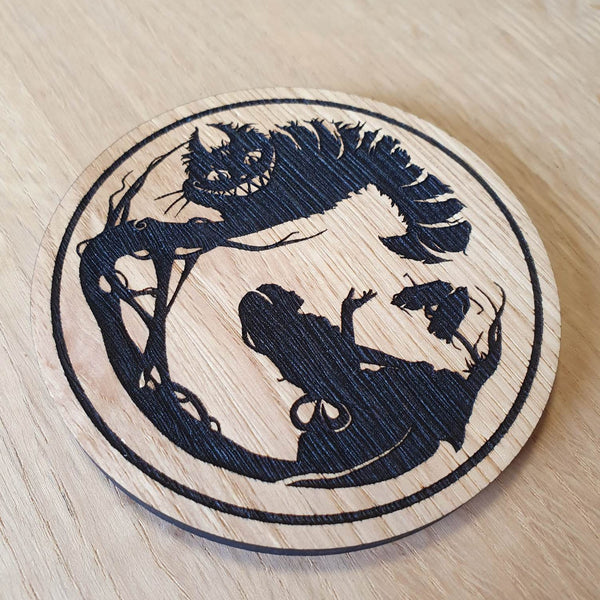 Laser cut wooden coaster personalised. Alice Cheshire Cat
