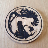 Laser cut wooden coaster personalised. Alice Cheshire Cat