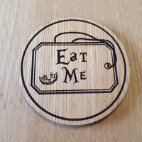 Laser cut wooden coaster personalised. Alice Eat Me
