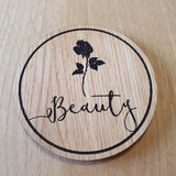 Laser cut wooden coaster personalised. Beast Beauty Double Deal