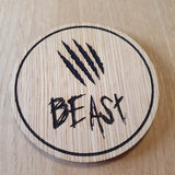 Laser cut wooden coaster personalised. Beast Beauty Double Deal