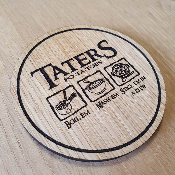 Laser cut wooden coaster personalised. LOTR Taters Recipe