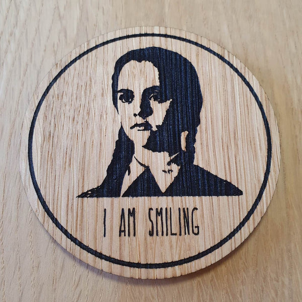 Laser cut wooden coaster personalised.  Wednesday I am smiling