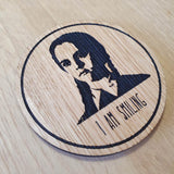 Laser cut wooden coaster personalised.  Wednesday I am smiling