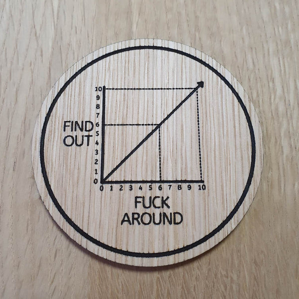Laser cut wooden coaster personalised. Fuck around find out meme