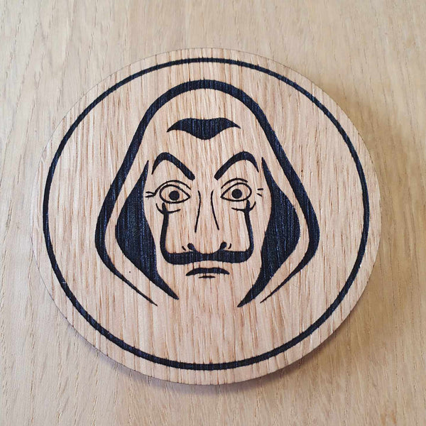 Laser cut wooden coaster personalised. Dali Mask Heist