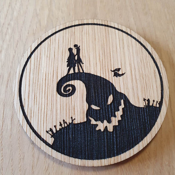 Laser cut wooden coaster personalised. Nightmare Christmas Silhouette