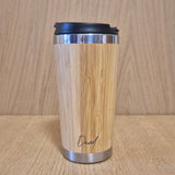 Lasercut Travel Mug personalised - S-Steel with 100% Bamboo exterior  -  Personalise with signature