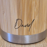 Lasercut Travel Mug personalised - S-Steel with 100% Bamboo exterior  -  Personalise with signature