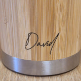 Lasercut Travel Mug personalised - S-Steel with 100% Bamboo exterior  -  Personalise with signature