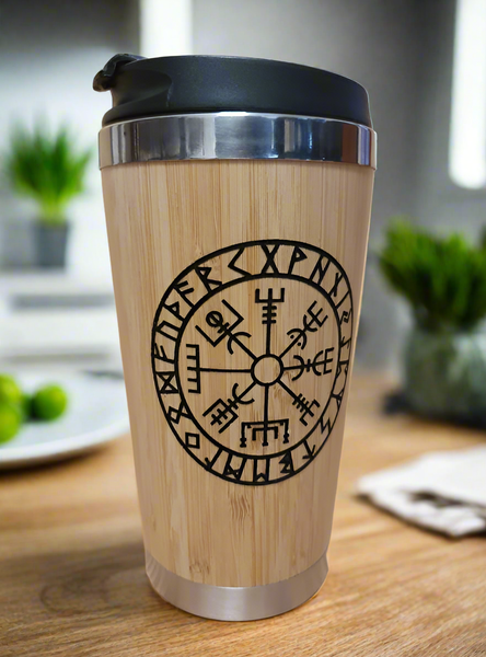 Lasercut Travel Mug personalised - S-Steel with 100% Bamboo exterior  -  Vegvisir compass Nordic Viking