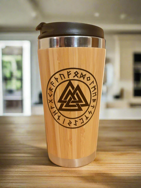 Lasercut Travel Mug personalised - S-Steel with 100% Bamboo exterior  -  Valknut Odins knot ordic Viking