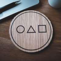 Laser cut wooden coaster personalised.  Circle Triangle Square
