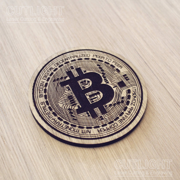 Laser cut wooden coaster personalised. Bitcoin BTC Cryptocurrency