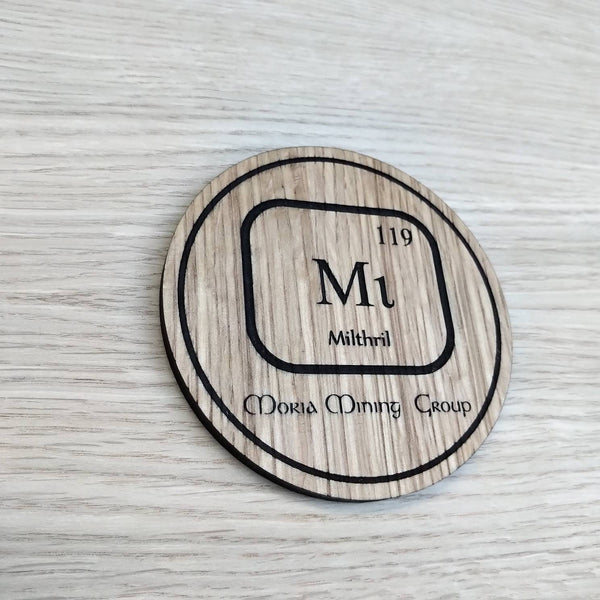 Laser cut wooden coaster personalised. Lord of the Rings inspired LOTR Moria Mining Corp periodic table element chemical