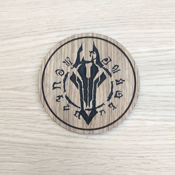 Laser cut wooden coaster personalised. Horseman War Emblem