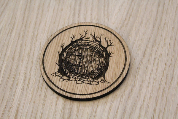 Laser cut wooden coaster personalised. Lord of the rings LOTR Hobbit Door