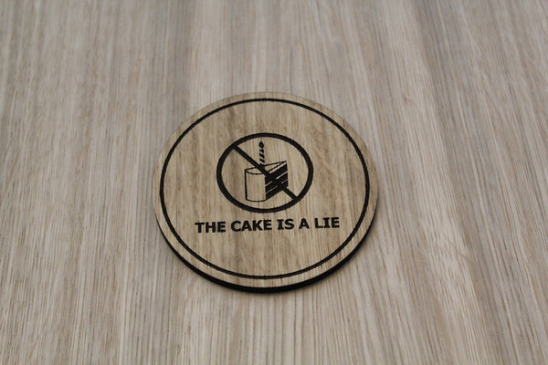 Laser cut wooden coaster personalised. Portal The Cake is a Lie