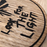 Laser cut wooden coaster personalised. Fireflies Look for the Light