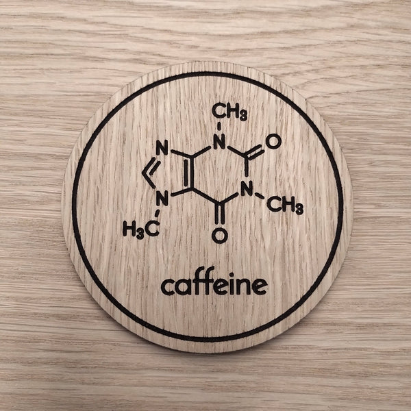 Laser cut wooden coaster personalised. Caffeine Molecule