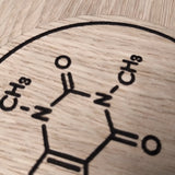 Laser cut wooden coaster personalised. Caffeine Molecule