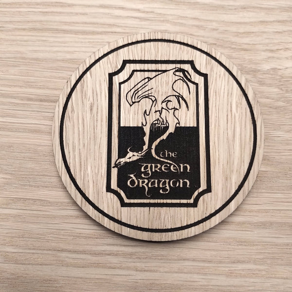 Laser cut wooden coaster personalised. Lord of the Rings LOTR Green Dragon Inspired