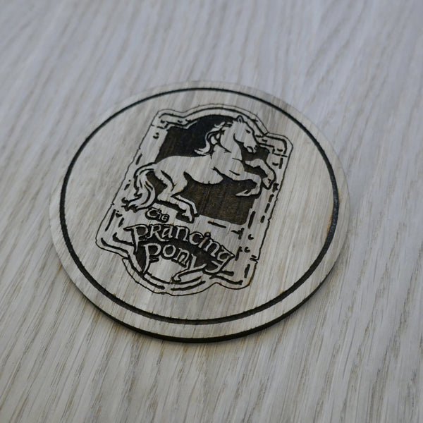 Laser cut wooden coaster personalised. LOTR Prancing Pony