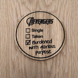 Laser cut wooden coaster personalised. Revengers Glorious Purpose