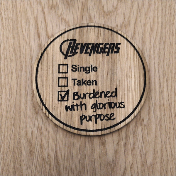 Laser cut wooden coaster personalised. Revengers Glorious Purpose