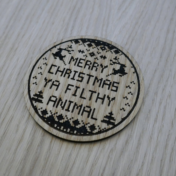 Laser cut wooden coaster personalised. Merry Christmas quote Filthy Animal ugly sweater jumper