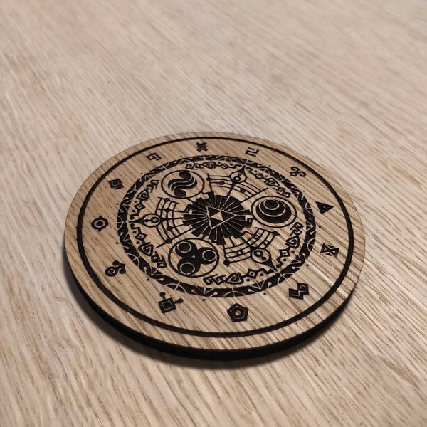 Laser cut wooden coaster personalised. Legend Link Circular Design