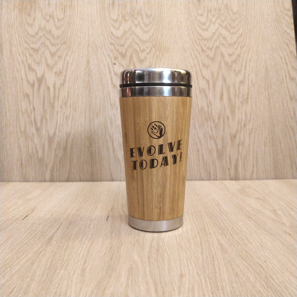 Lasercut Travel Mug personalised - S-Steel with 100% Bamboo exterior - Evolve Today
