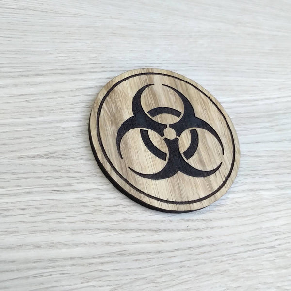 Laser cut wooden coaster personalised. Radiation Zombie Outbreak Hazard
