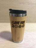 Lasercut Travel Mug personalised - S-Steel with 100% Bamboo exterior - Superhero I love you 3000