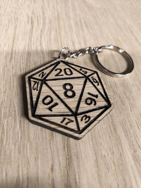 Lasercut wooden keyring keychain. role playing dungeon master D20 die dice