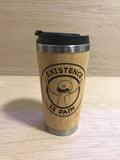 Lasercut Travel Mug personalised - S-Steel with 100% Bamboo exterior - Existence is Pain
