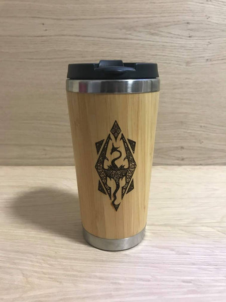 Lasercut Travel Mug personalised - S-Steel with 100% Bamboo exterior - Dragon Celtic