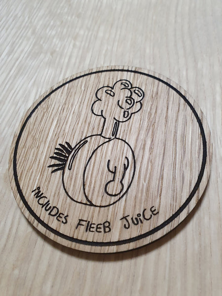 Laser cut wooden coaster personalised. Plumbus Fleeb Juice