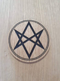 Laser cut wooden coaster personalised. Aquarian Star Unicursal hexagram supernatural lasercut