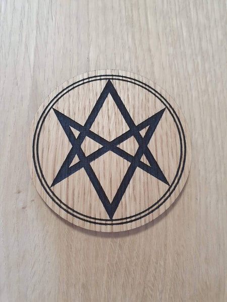 Laser cut wooden coaster personalised. Aquarian Star Unicursal hexagram supernatural lasercut