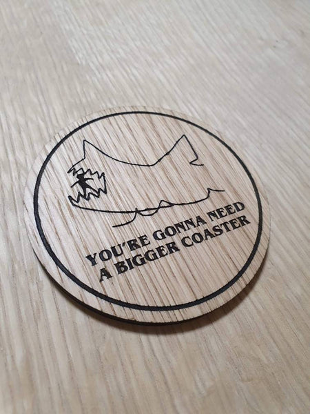 Laser cut wooden coaster personalised. Jaws coaster pun