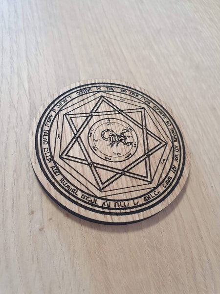 Laser cut wooden coaster personalised. Heptagram scorpion fifth pentacle of Mars - supernatural lasercut