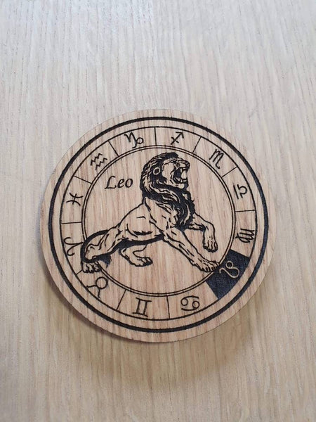Laser cut wooden coaster personalised. Signs of the zodiac Leo star sign
