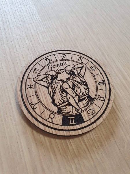 Laser cut wooden coaster personalised. Signs of the zodiac gemini star sign