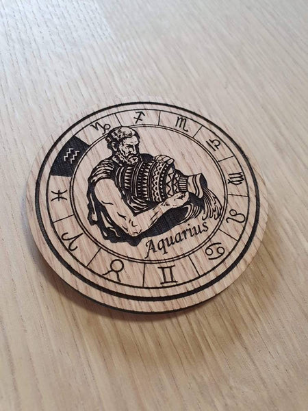 Laser cut wooden coaster personalised. Signs of the zodiac aquarius star sign