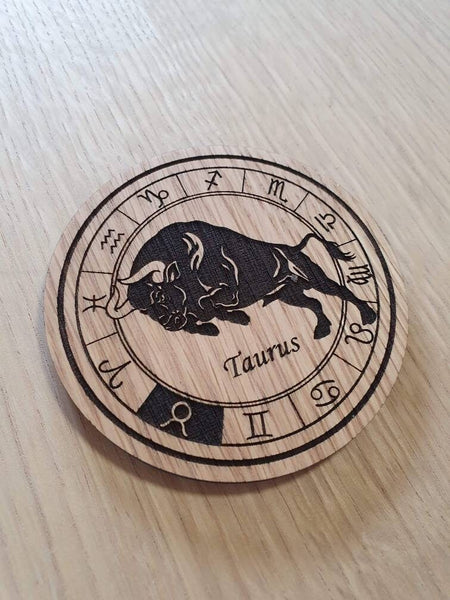Laser cut wooden coaster personalised. Signs of the zodiac Taurus star sign