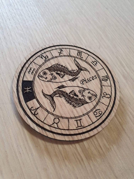 Laser cut wooden coaster personalised. Signs of the zodiac Pisces star sign