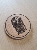 Laser cut wooden coaster personalised. 1980s movie robot head